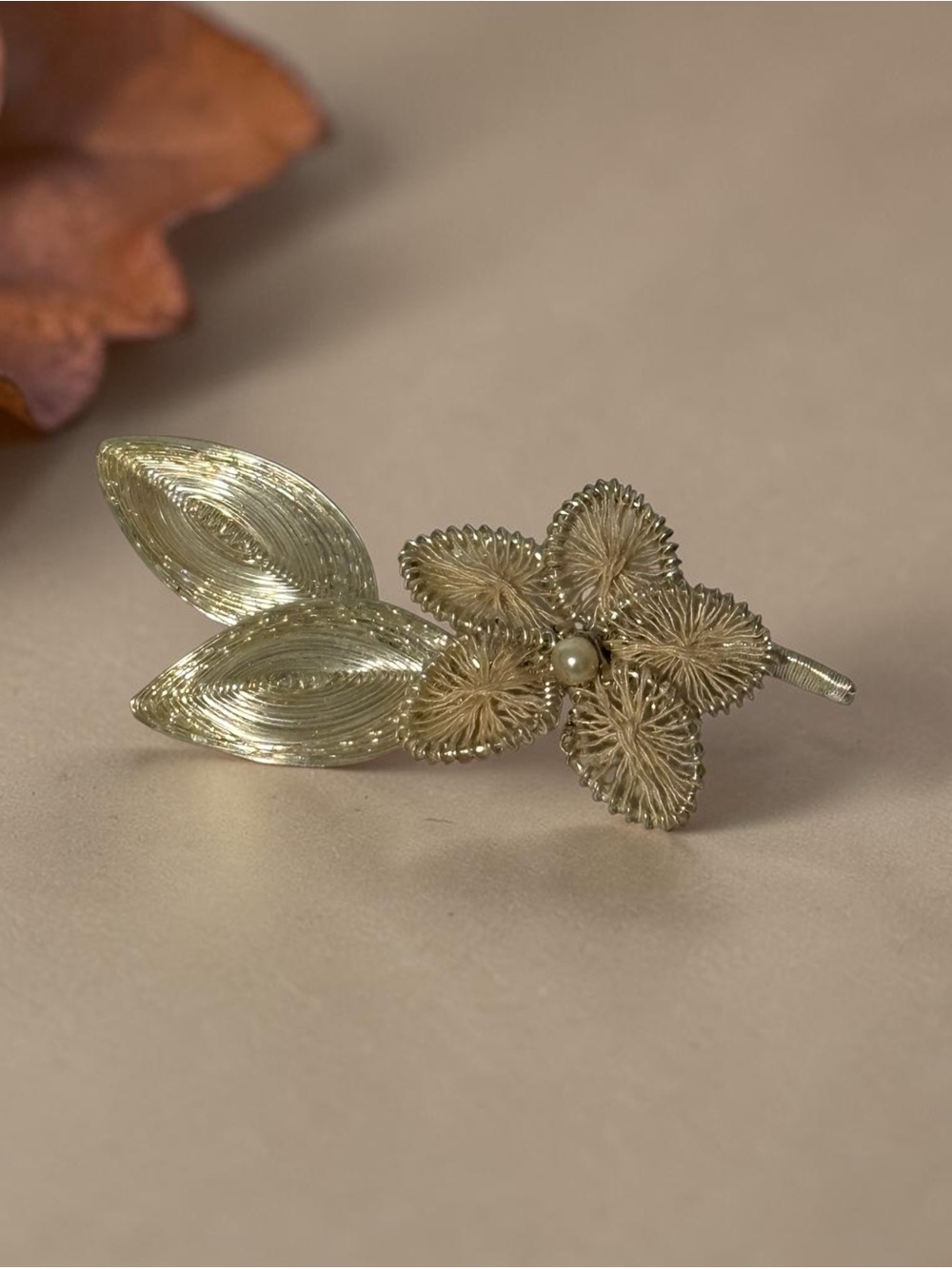 Vintage Silver Spun Wire Floral & Faux Pearl Brooch 2-3/8”